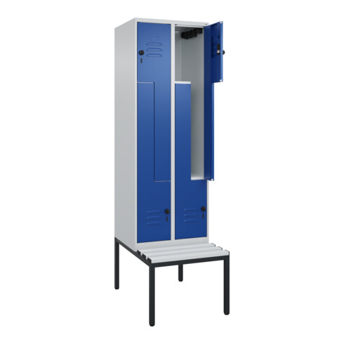 C+P Z-Spind Classic PLUS, Bank, 4 Fächer, 2120x600x815mm, 7035/5010 Verschluss Sicherheits-Drehriegel Sitzbanktyp untergebaut Material Sitzfläche Kunststoff