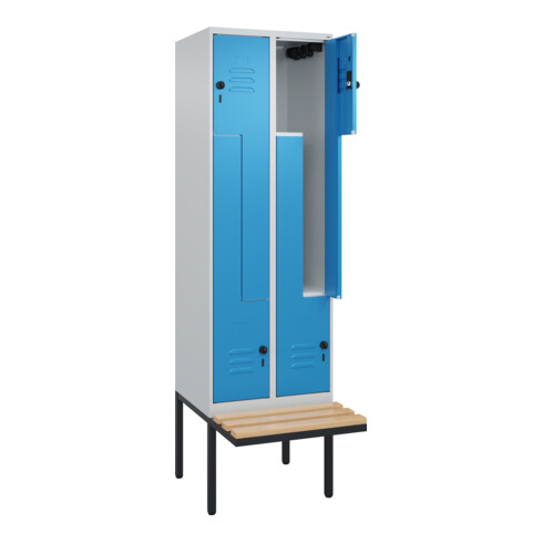 C+P Z-Spind Classic PLUS, Bank, 4 Fächer, 2120x600x815mm, 7035/5012 Verschluss Sicherheits-Drehriegel Sitzbanktyp auskragend Material Sitzfläche Buche-Hartholz