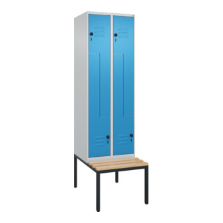 C+P Z-Spind Classic PLUS, Bank, 4 Fächer, 2120x600x815mm, 7035/5012 Verschluss Sicherheits-Drehriegel Sitzbanktyp untergebaut Material Sitzfläche Buche-Hartholz