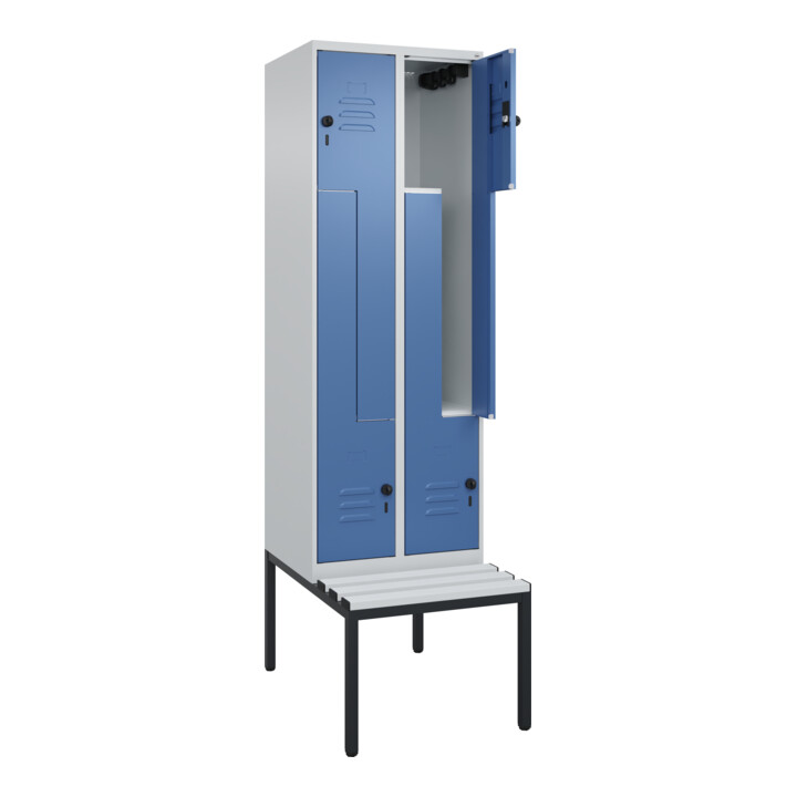 C+P Z-Spind Classic PLUS, Bank, 4 Fächer, 2120x600x815mm, 7035/5023 Verschluss Sicherheits-Drehriegel Sitzbanktyp untergebaut Material Sitzfläche Kunststoff