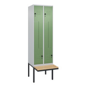 C+P Z-Spind Classic PLUS, Bank, 4 Fächer, 2120x600x815mm, 7035/6011 Verschluss Sicherheits-Drehriegel Sitzbanktyp auskragend Material Sitzfläche Buche-Hartholz