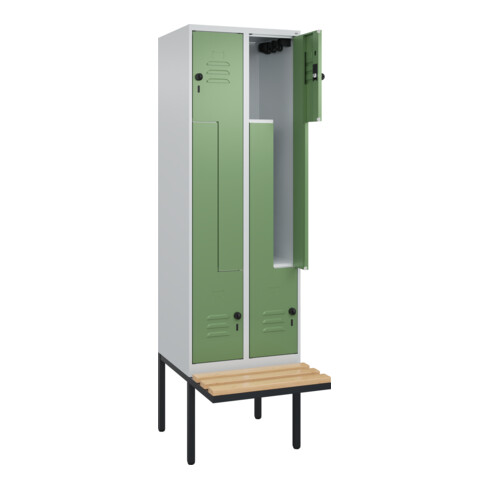 C+P Z-Spind Classic PLUS, Bank, 4 Fächer, 2120x600x815mm, 7035/6011 Verschluss Sicherheits-Drehriegel Sitzbanktyp auskragend Material Sitzfläche Buche-Hartholz