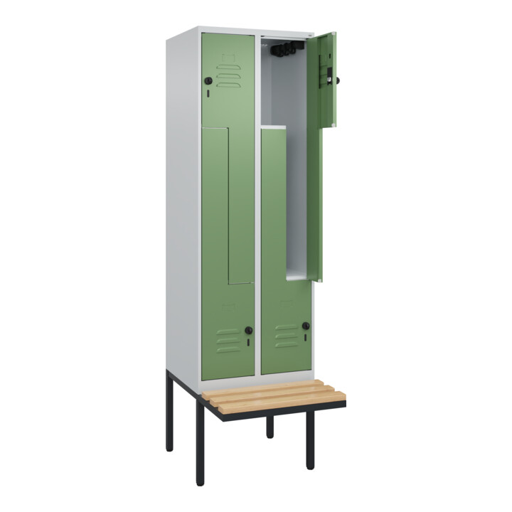 C+P Z-Spind Classic PLUS, Bank, 4 Fächer, 2120x600x815mm, 7035/6011 Verschluss Sicherheits-Drehriegel Sitzbanktyp auskragend Material Sitzfläche Buche-Hartholz