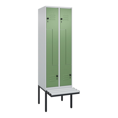 C+P Z-Spind Classic PLUS, Bank, 4 Fächer, 2120x600x815mm, 7035/6011 Verschluss Sicherheits-Drehriegel Sitzbanktyp auskragend Material Sitzfläche Kunststoff