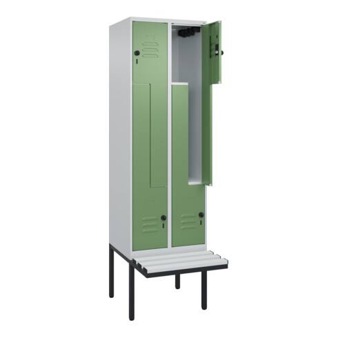 C+P Z-Spind Classic PLUS, Bank, 4 Fächer, 2120x600x815mm, 7035/6011 Verschluss Sicherheits-Drehriegel Sitzbanktyp auskragend Material Sitzfläche Kunststoff
