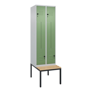 C+P Z-Spind Classic PLUS, Bank, 4 Fächer, 2120x600x815mm, 7035/6011 Verschluss Sicherheits-Drehriegel Sitzbanktyp untergebaut Material Sitzfläche Buche-Hartholz