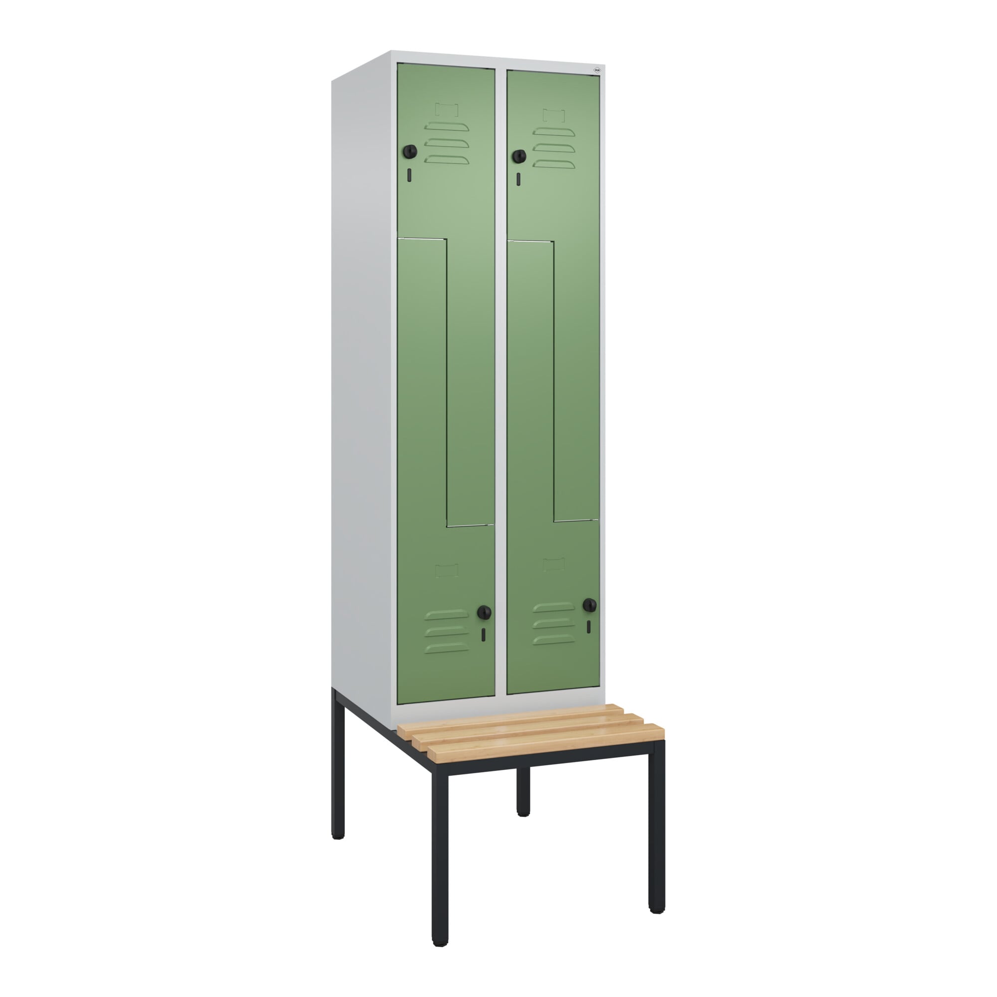 C+P Z-Spind Classic PLUS, Bank, 4 Fächer, 2120x600x815mm, 7035/6011 Verschluss Sicherheits-Drehriegel Sitzbanktyp untergebaut Material Sitzfläche Buch