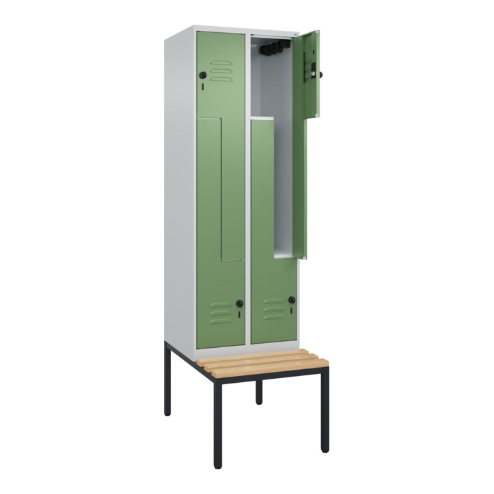 C+P Z-Spind Classic PLUS, Bank, 4 Fächer, 2120x600x815mm, 7035/6011 Verschluss Sicherheits-Drehriegel Sitzbanktyp untergebaut Material Sitzfläche Buche-Hartholz