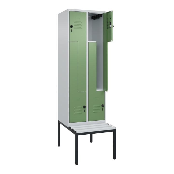 C+P Z-Spind Classic PLUS, Bank, 4 Fächer, 2120x600x815mm, 7035/6011 Verschluss Sicherheits-Drehriegel Sitzbanktyp untergebaut Material Sitzfläche Kunststoff