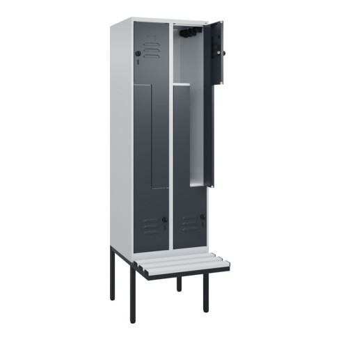 C+P Z-Spind Classic PLUS, Bank, 4 Fächer, 2120x600x815mm, 7035/7016 Verschluss Sicherheits-Drehriegel Sitzbanktyp auskragend Material Sitzfläche Kunststoff
