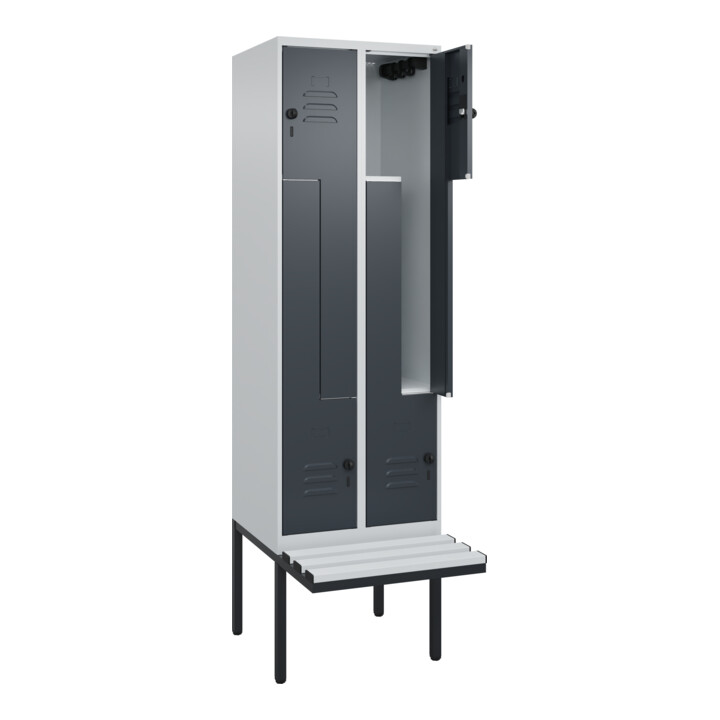 C+P Z-Spind Classic PLUS, Bank, 4 Fächer, 2120x600x815mm, 7035/7016 Verschluss Sicherheits-Drehriegel Sitzbanktyp auskragend Material Sitzfläche Kunststoff