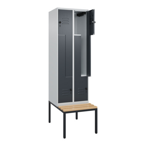 C+P Z-Spind Classic PLUS, Bank, 4 Fächer, 2120x600x815mm, 7035/7016 Verschluss Sicherheits-Drehriegel Sitzbanktyp untergebaut Material Sitzfläche Buche-Hartholz