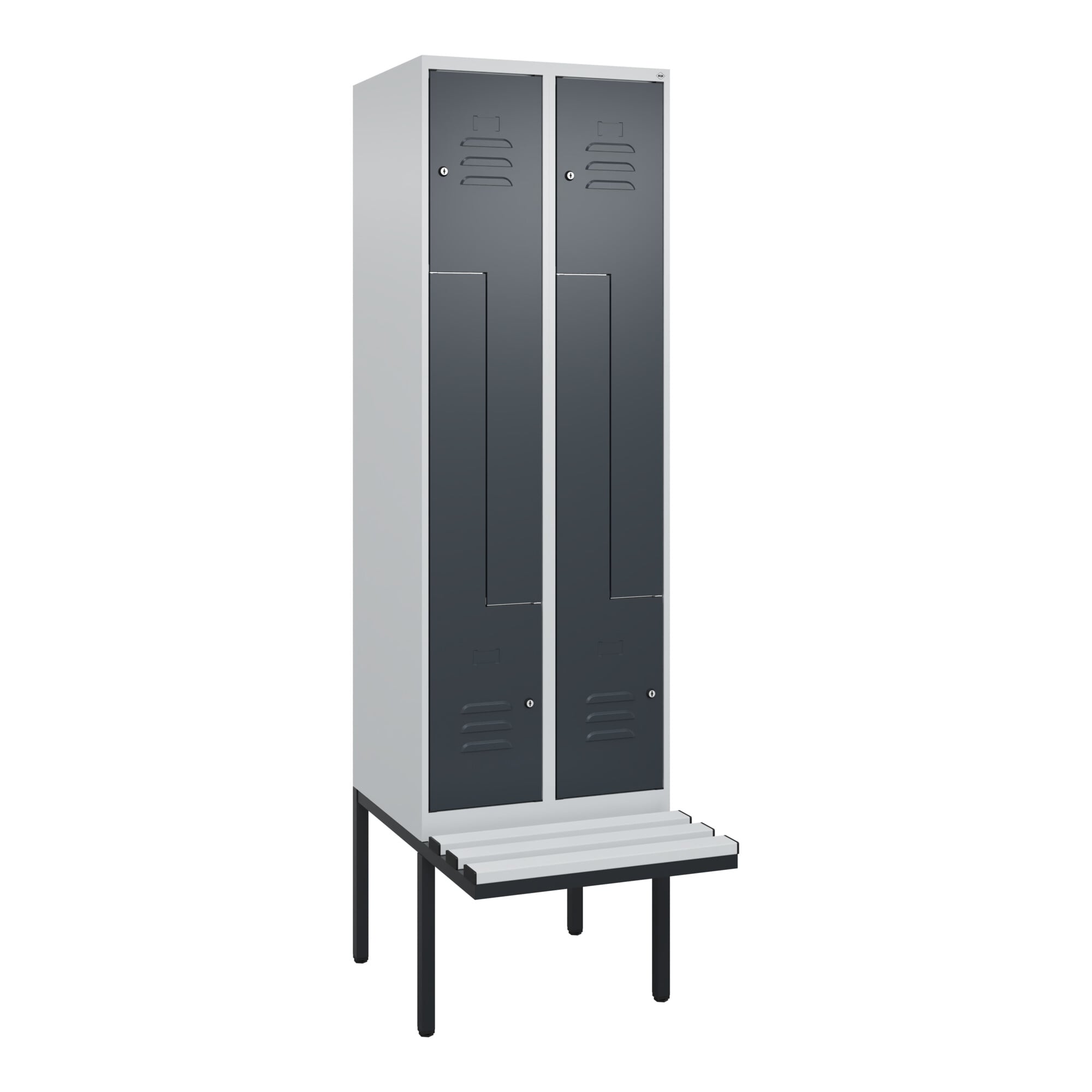 C+P Z-Spind Classic PLUS, Bank, 4 Fächer, 2120x600x815mm, 7035/7016 Verschluss Zylinderschloss Sitzbanktyp auskragend Material Sitzfläche Kunststoff ;