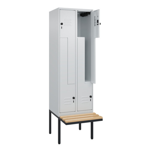 C+P Z-Spind Classic PLUS, Bank, 4 Fächer, 2120x600x815mm, 7035/7035 Verschluss Sicherheits-Drehriegel Sitzbanktyp auskragend Material Sitzfläche Buche-Hartholz