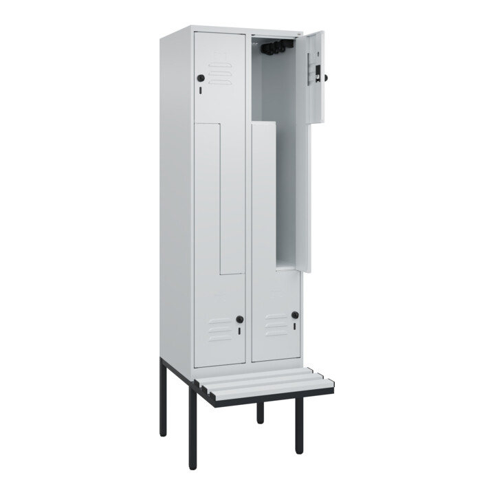 C+P Z-Spind Classic PLUS, Bank, 4 Fächer, 2120x600x815mm, 7035/7035 Verschluss Sicherheits-Drehriegel Sitzbanktyp auskragend Material Sitzfläche Kunststoff