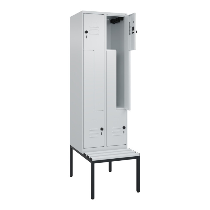 C+P Z-Spind Classic PLUS, Bank, 4 Fächer, 2120x600x815mm, 7035/7035 Verschluss Sicherheits-Drehriegel Sitzbanktyp untergebaut Material Sitzfläche Kunststoff