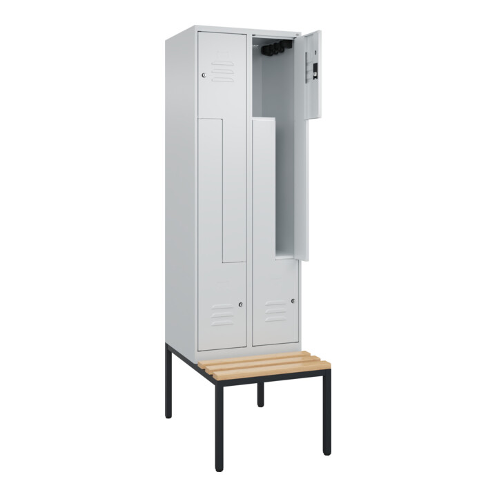 C+P Z-Spind Classic PLUS, Bank, 4 Fächer, 2120x600x815mm, 7035/7035 Verschluss Zylinderschloss Sitzbanktyp untergebaut Material Sitzfläche Buche-Hartholz