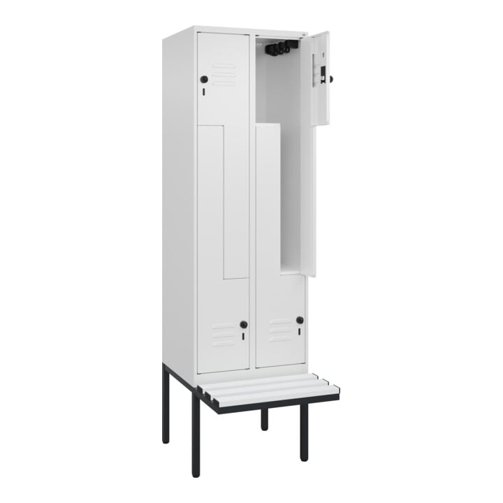 C+P Z-Spind Classic PLUS, Bank, 4 Fächer, 2120x600x815mm, 9016/9016 Verschluss Sicherheits-Drehriegel Sitzbanktyp auskragend Material Sitzfläche Kunststoff