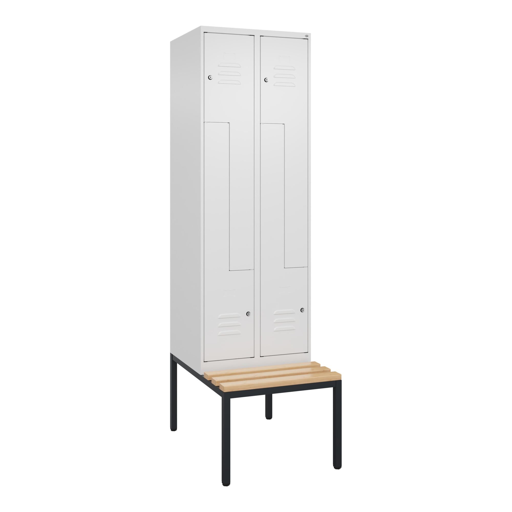 C+P Z-Spind Classic PLUS, Bank, 4 Fächer, 2120x600x815mm, 9016/9016 Verschluss Zylinderschloss Sitzbanktyp untergebaut Material Sitzfläche Buche-Harth