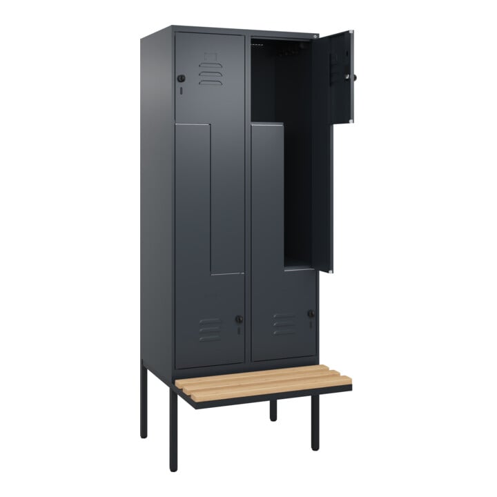 C+P Z-Spind Classic PLUS, Bank, 4 Fächer, 2120x800x815mm, 7016/7016 Verschluss Sicherheits-Drehriegel Sitzbanktyp auskragend Material Sitzfläche Buche-Hartholz