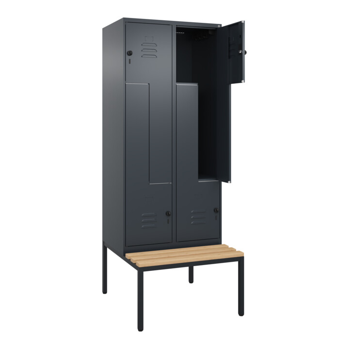 C+P Z-Spind Classic PLUS, Bank, 4 Fächer, 2120x800x815mm, 7016/7016 Verschluss Sicherheits-Drehriegel Sitzbanktyp untergebaut Material Sitzfläche Buche-Hartholz