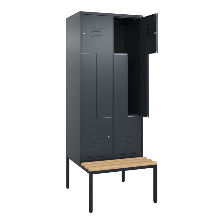 C+P Z-Spind Classic PLUS, Bank, 4 Fächer, 2120x800x815mm, 7016/7016 Verschluss Zylinderschloss Sitzbanktyp untergebaut Material Sitzfläche Buche-Hartholz