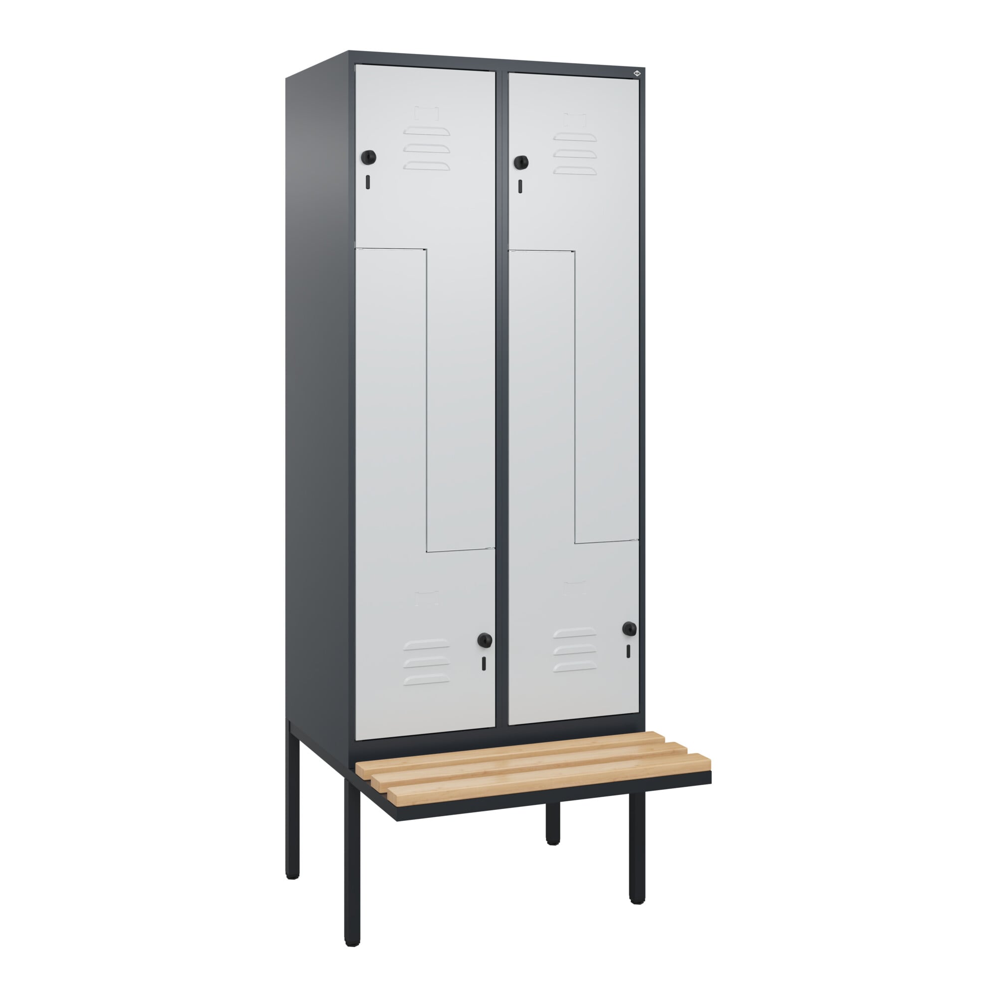 C+P Z-Spind Classic PLUS, Bank, 4 Fächer, 2120x800x815mm, 7016/7035 Verschluss Sicherheits-Drehriegel Sitzbanktyp auskragend Material Sitzfläche Buche