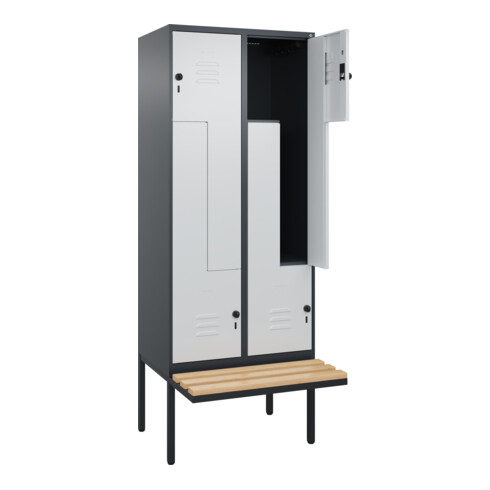 C+P Z-Spind Classic PLUS, Bank, 4 Fächer, 2120x800x815mm, 7016/7035 Verschluss Sicherheits-Drehriegel Sitzbanktyp auskragend Material Sitzfläche Buche-Hartholz