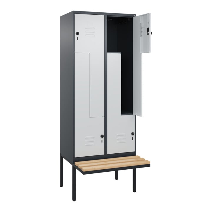 C+P Z-Spind Classic PLUS, Bank, 4 Fächer, 2120x800x815mm, 7016/7035 Verschluss Sicherheits-Drehriegel Sitzbanktyp auskragend Material Sitzfläche Buche-Hartholz