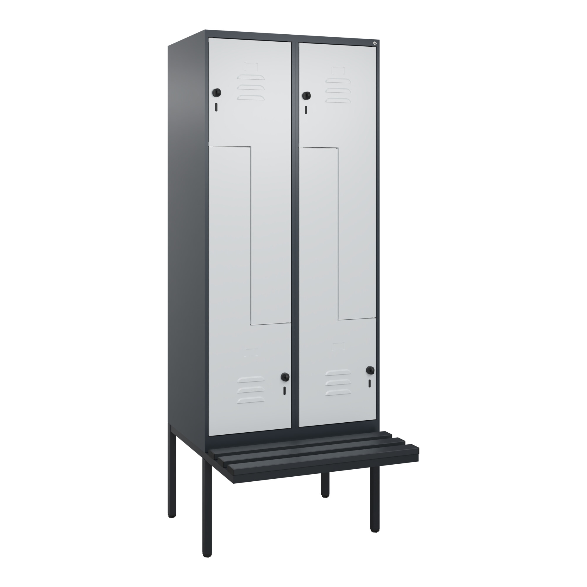 C+P Z-Spind Classic PLUS, Bank, 4 Fächer, 2120x800x815mm, 7016/7035 Verschluss Sicherheits-Drehriegel Sitzbanktyp auskragend Material Sitzfläche Kunst