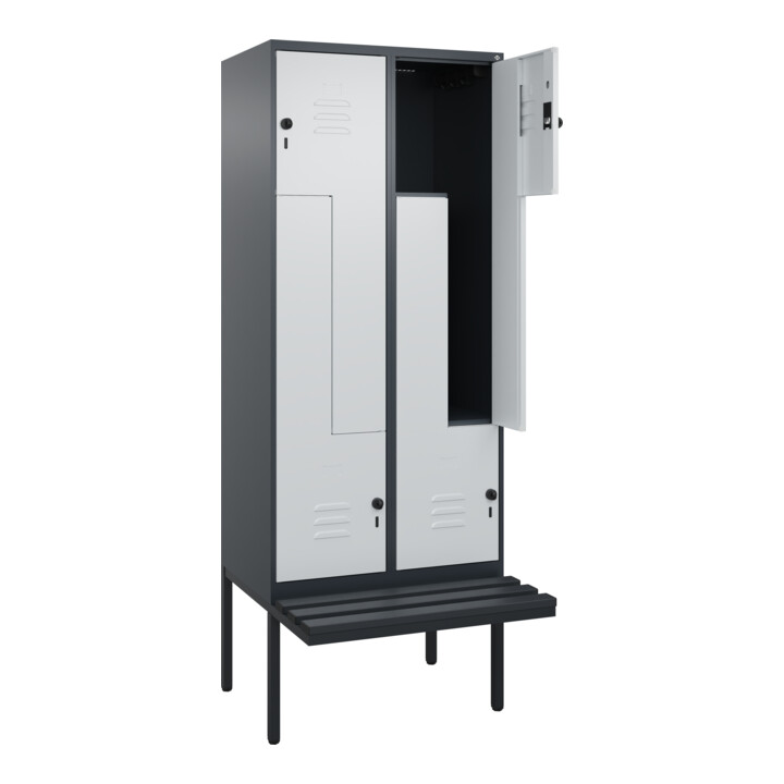 C+P Z-Spind Classic PLUS, Bank, 4 Fächer, 2120x800x815mm, 7016/7035 Verschluss Sicherheits-Drehriegel Sitzbanktyp auskragend Material Sitzfläche Kunststoff