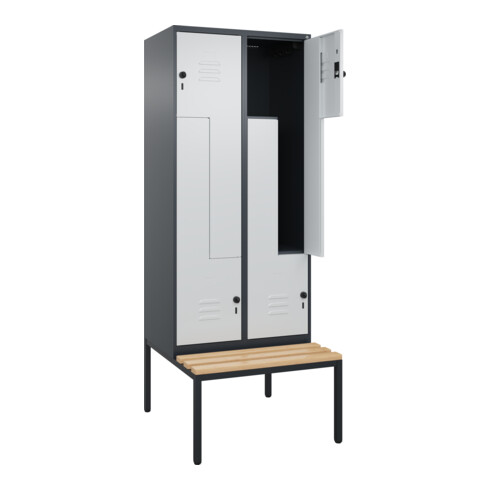 C+P Z-Spind Classic PLUS, Bank, 4 Fächer, 2120x800x815mm, 7016/7035 Verschluss Sicherheits-Drehriegel Sitzbanktyp untergebaut Material Sitzfläche Buche-Hartholz