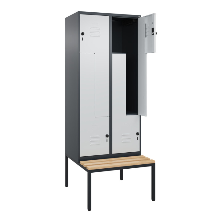 C+P Z-Spind Classic PLUS, Bank, 4 Fächer, 2120x800x815mm, 7016/7035 Verschluss Sicherheits-Drehriegel Sitzbanktyp untergebaut Material Sitzfläche Buche-Hartholz