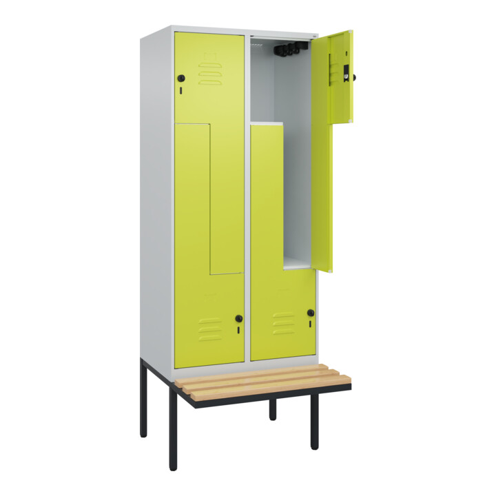 C+P Z-Spind Classic PLUS, Bank, 4 Fächer, 2120x800x815mm, 7035/0024 Verschluss Sicherheits-Drehriegel Sitzbanktyp auskragend Material Sitzfläche Buche-Hartholz