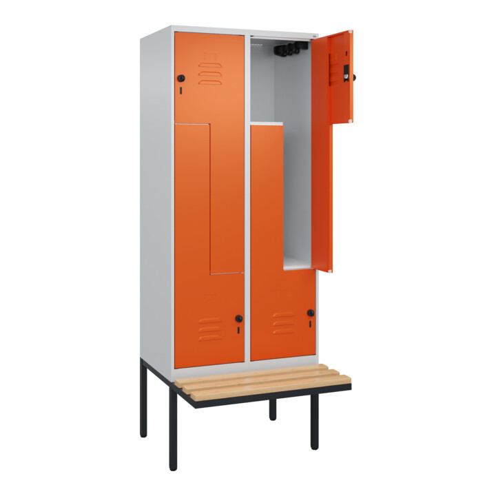 C+P Z-Spind Classic PLUS, Bank, 4 Fächer, 2120x800x815mm, 7035/2004 Verschluss Sicherheits-Drehriegel Sitzbanktyp auskragend Material Sitzfläche Buche-Hartholz