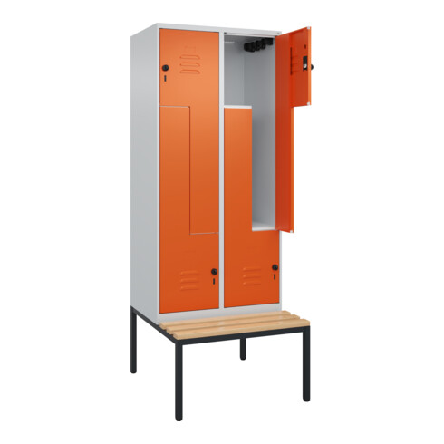 C+P Z-Spind Classic PLUS, Bank, 4 Fächer, 2120x800x815mm, 7035/2004 Verschluss Sicherheits-Drehriegel Sitzbanktyp untergebaut Material Sitzfläche Buche-Hartholz