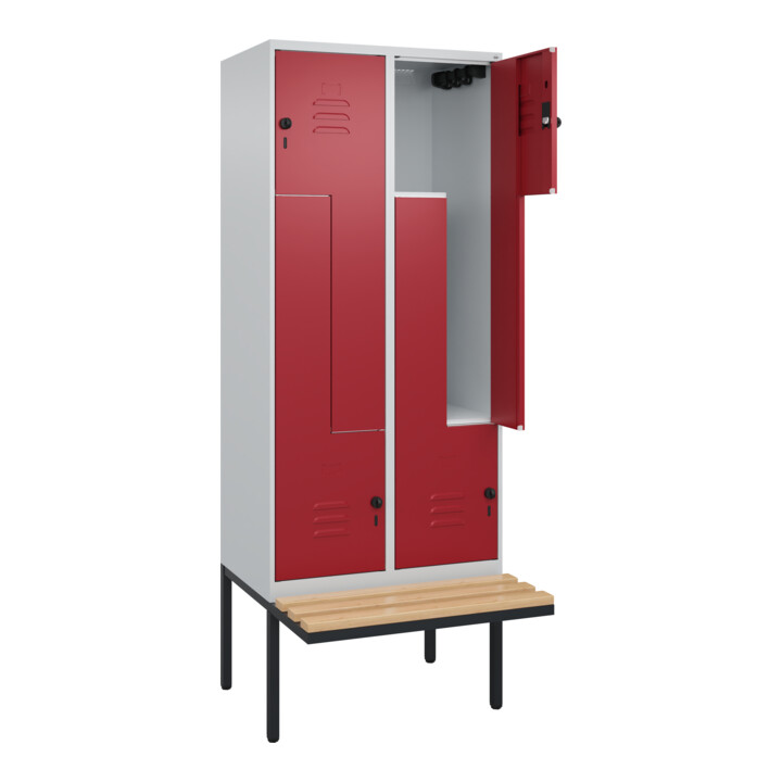 C+P Z-Spind Classic PLUS, Bank, 4 Fächer, 2120x800x815mm, 7035/3003 Verschluss Sicherheits-Drehriegel Sitzbanktyp auskragend Material Sitzfläche Buche-Hartholz