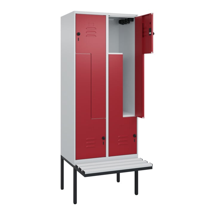 C+P Z-Spind Classic PLUS, Bank, 4 Fächer, 2120x800x815mm, 7035/3003 Verschluss Sicherheits-Drehriegel Sitzbanktyp auskragend Material Sitzfläche Kunststoff