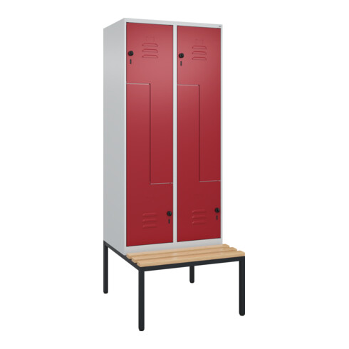 C+P Z-Spind Classic PLUS, Bank, 4 Fächer, 2120x800x815mm, 7035/3003 Verschluss Sicherheits-Drehriegel Sitzbanktyp untergebaut Material Sitzfläche Buche-Hartholz