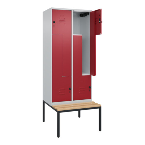 C+P Z-Spind Classic PLUS, Bank, 4 Fächer, 2120x800x815mm, 7035/3003 Verschluss Sicherheits-Drehriegel Sitzbanktyp untergebaut Material Sitzfläche Buche-Hartholz