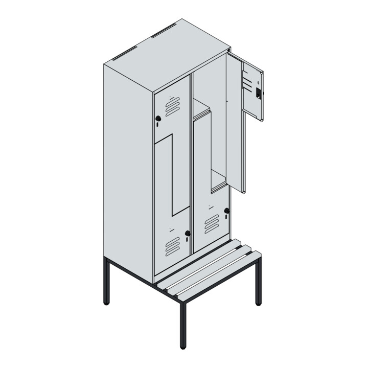 C+P Z-Spind Classic PLUS, Bank, 4 Fächer, 2120x800x815mm, 7035/3003 Verschluss Sicherheits-Drehriegel Sitzbanktyp untergebaut Material Sitzfläche Buche-Hartholz