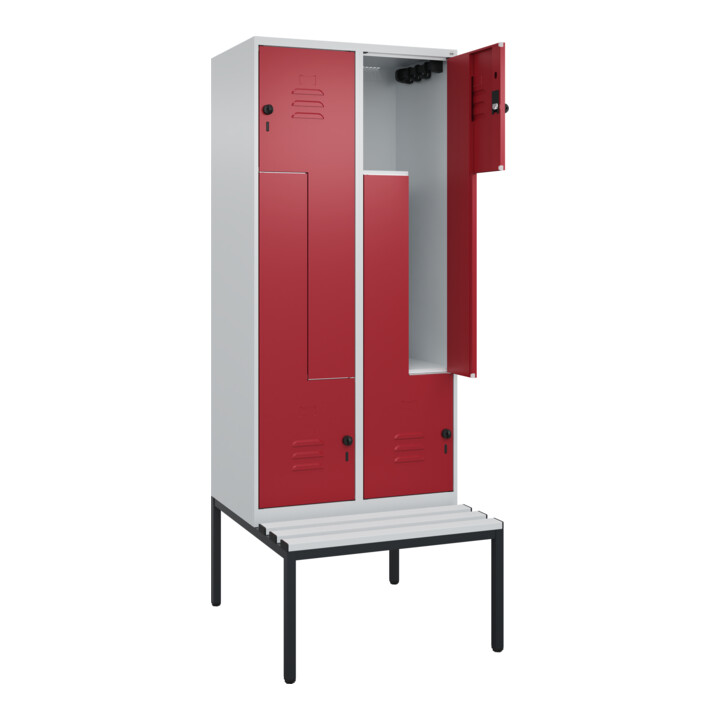 C+P Z-Spind Classic PLUS, Bank, 4 Fächer, 2120x800x815mm, 7035/3003 Verschluss Sicherheits-Drehriegel Sitzbanktyp untergebaut Material Sitzfläche Kunststoff
