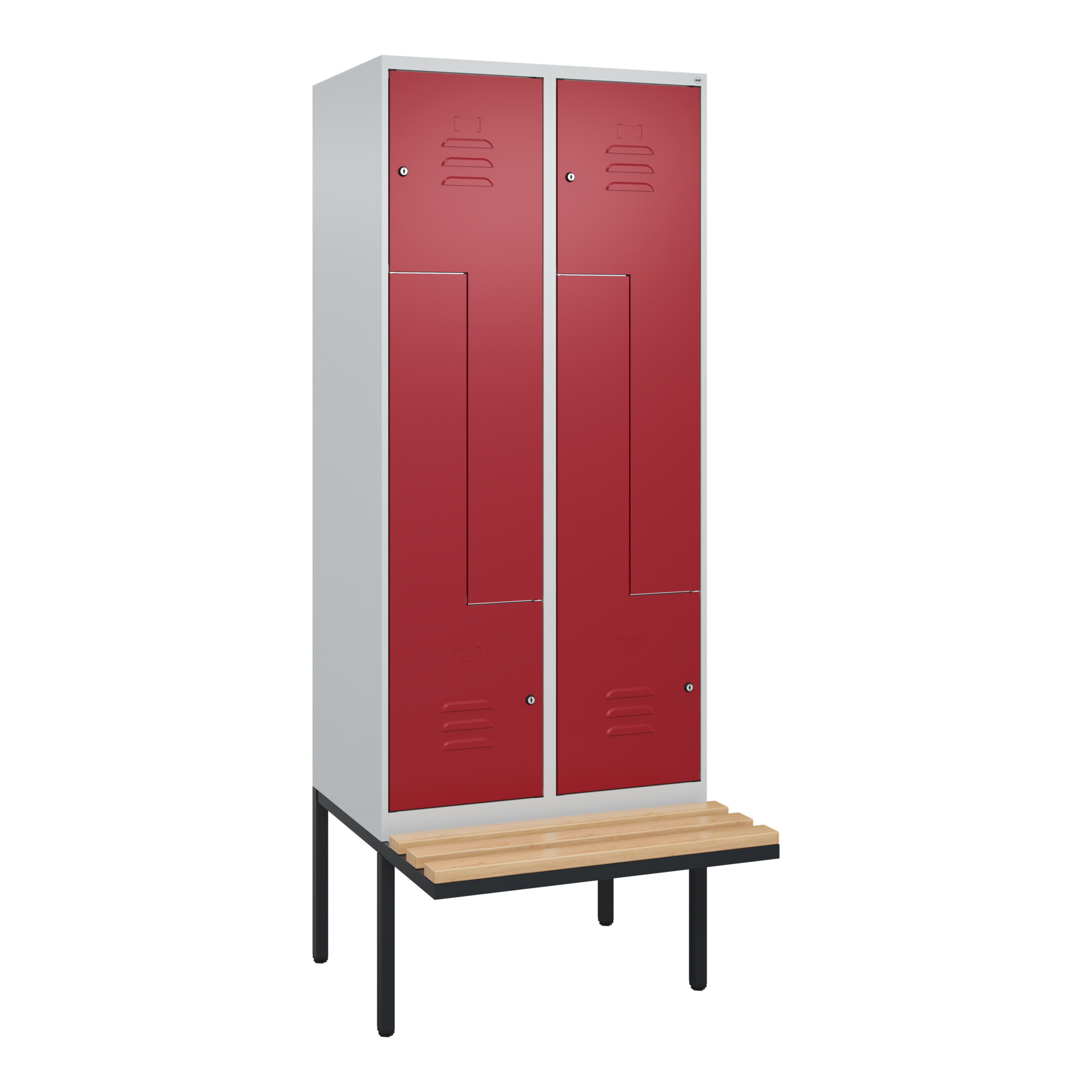 C+P Z-Spind Classic PLUS, Bank, 4 Fächer, 2120x800x815mm, 7035/3003 Verschluss Zylinderschloss Sitzbanktyp auskragend Material Sitzfläche Buche-Hartho
