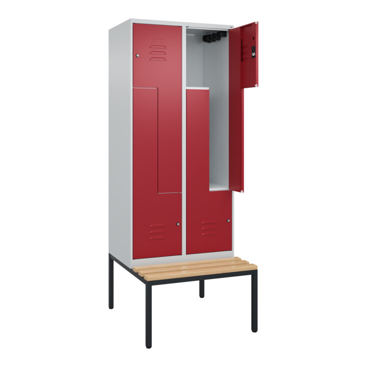C+P Z-Spind Classic PLUS, Bank, 4 Fächer, 2120x800x815mm, 7035/3003 Verschluss Zylinderschloss Sitzbanktyp untergebaut Material Sitzfläche Buche-Hartholz