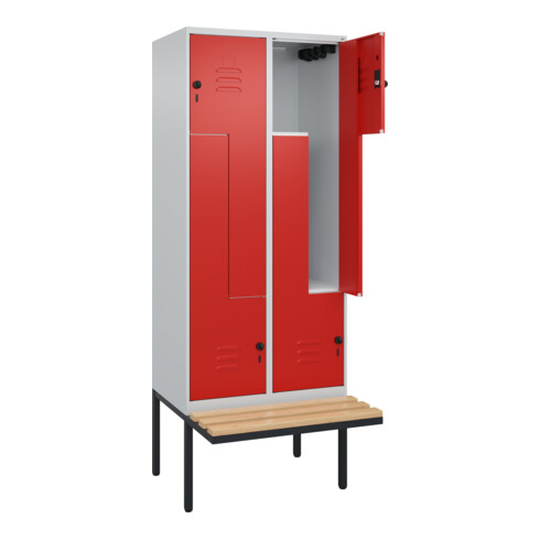 C+P Z-Spind Classic PLUS, Bank, 4 Fächer, 2120x800x815mm, 7035/3020 Verschluss Sicherheits-Drehriegel Sitzbanktyp auskragend Material Sitzfläche Buche-Hartholz
