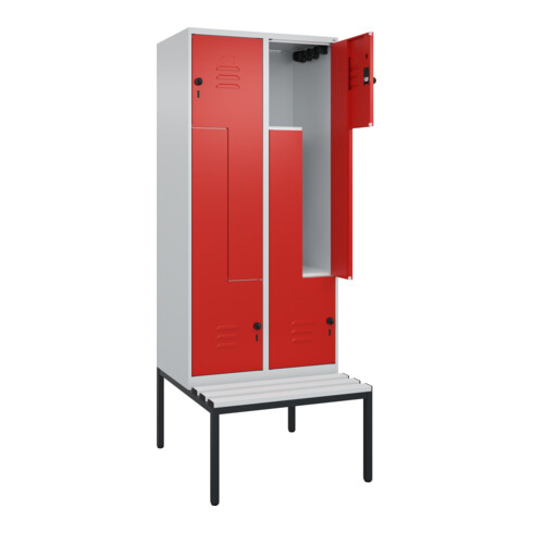 C+P Z-Spind Classic PLUS, Bank, 4 Fächer, 2120x800x815mm, 7035/3020 Verschluss Sicherheits-Drehriegel Sitzbanktyp untergebaut Material Sitzfläche Kunststoff