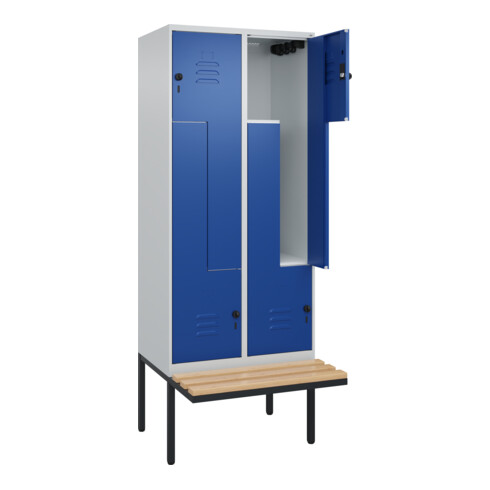 C+P Z-Spind Classic PLUS, Bank, 4 Fächer, 2120x800x815mm, 7035/5010 Verschluss Sicherheits-Drehriegel Sitzbanktyp auskragend Material Sitzfläche Buche-Hartholz