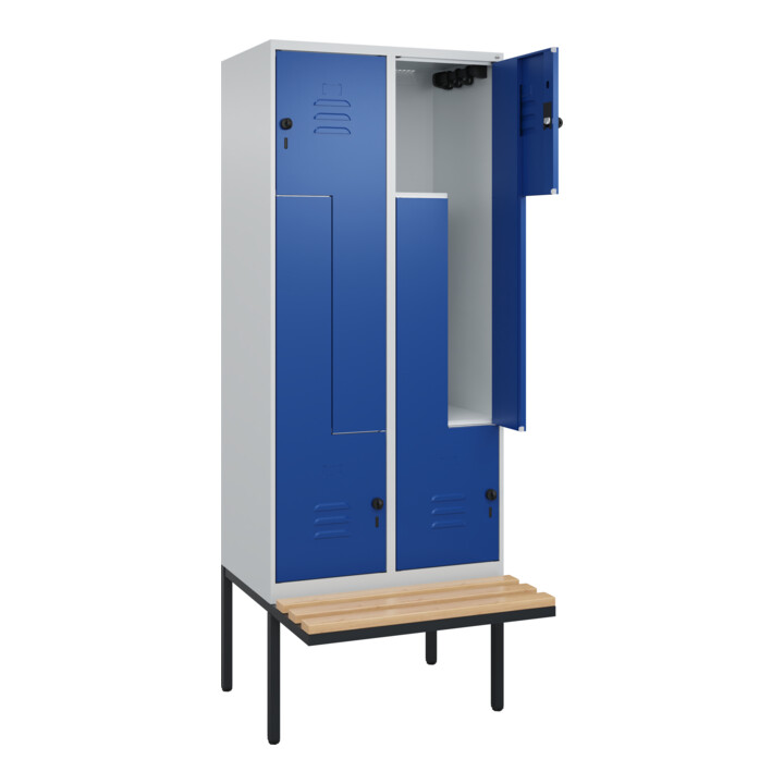 C+P Z-Spind Classic PLUS, Bank, 4 Fächer, 2120x800x815mm, 7035/5010 Verschluss Sicherheits-Drehriegel Sitzbanktyp auskragend Material Sitzfläche Buche-Hartholz