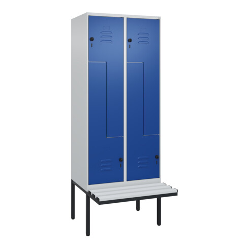 C+P Z-Spind Classic PLUS, Bank, 4 Fächer, 2120x800x815mm, 7035/5010 Verschluss Sicherheits-Drehriegel Sitzbanktyp auskragend Material Sitzfläche Kunststoff