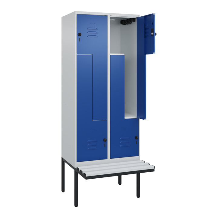 C+P Z-Spind Classic PLUS, Bank, 4 Fächer, 2120x800x815mm, 7035/5010 Verschluss Sicherheits-Drehriegel Sitzbanktyp auskragend Material Sitzfläche Kunststoff
